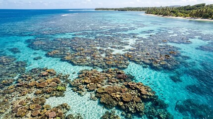 Vibrant Coral Reef Ecosystem in Crystal Clear Turquoise Tropical Ocean Waters with Lush Green Island Shoreline © Loback