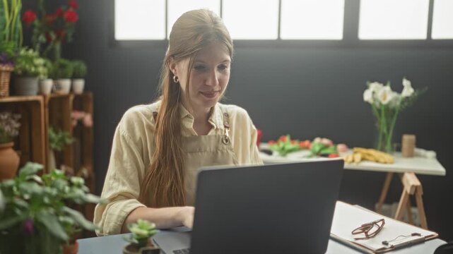 Woman florist wearing apron smiles and claps hands at laptop surrounded by potted plants on wooden shelves in studio; small business joy connection.