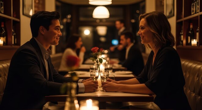Couple enjoying romantic dinner at a cozy restaurant with soft lighting