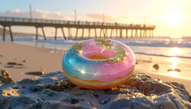Inflatable Donut Float on Beach at Sunset with Pier in Background.