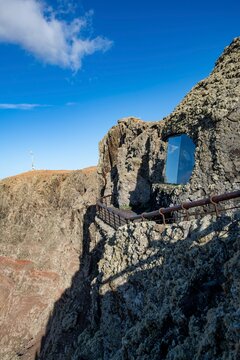 Panoramic window at the Mirador del R&iacute;o viewpoint, designed by artist C&eacute;sar Manrique, Lanzarote, Canary Islands, Spain