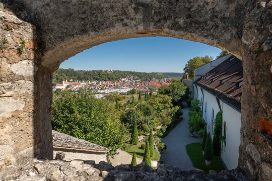 View of Willibaldsburg bastion garden through wall windows, dates back to the botanical garden created by Prince-Bishop Johann Konrad of Gemmingen, plants served as a model for the Hortus Eystettensis published in 1613, the most famous plant book of the Renaissance, Eichst&auml;tt, Altm&uuml;hltal, Upper Bavaria, Bavaria, Germany