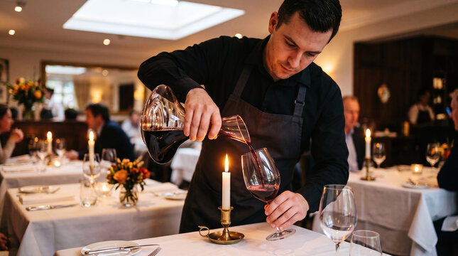 Professional sommelier pouring decanted red wine in fine dining restaurant