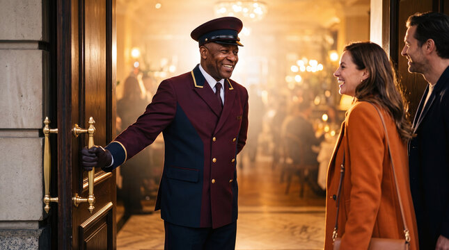 Friendly doorman opening luxury hotel door welcoming smiling couple inside