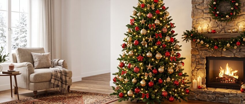 Christmas tree beautifully decorated with red and gold ornaments stands in a warm living room beside a burning stone fireplace and plush armchair.