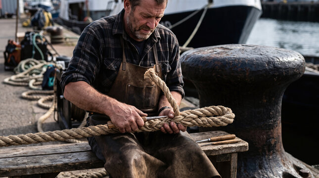 Experienced rigger splicing thick rope with traditional tools on harbor dock