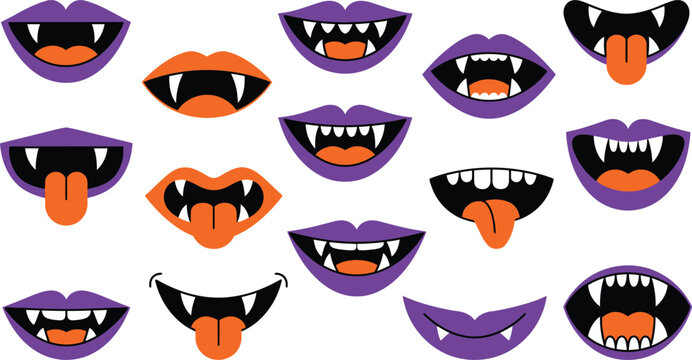 Set of cartoon vampire mouths with fangs and tongues for halloween celebration designs