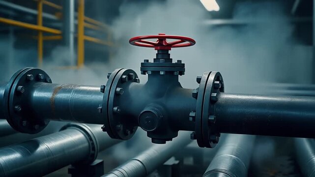 Close Up of Industrial Black Valve with Red Handwheel on Steel Pipe System