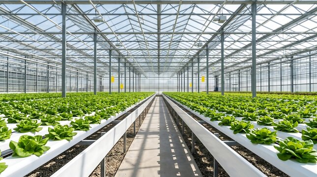 Expansive industrial greenhouse interior with rows of fresh green lettuce plants growing in hydroponic systems under a glass ceiling for commercial sustainable crop production facility