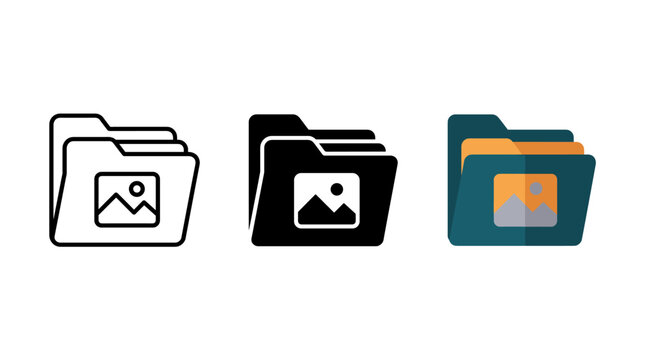 Set of computer folder icons with image preview in outline and solid