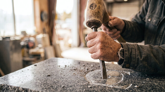 Stonemason chiseling intricate lettering into hard granite slab in workshop