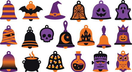 Naklejka premium Set of festive halloween bells and spooky icons in purple and orange flat vector style for holiday decoration
