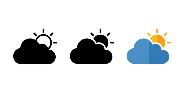 Sun behind cloud weather icon set in flat line and solid style