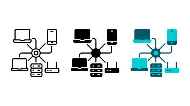 Computer network and server infrastructure icon set in line and solid