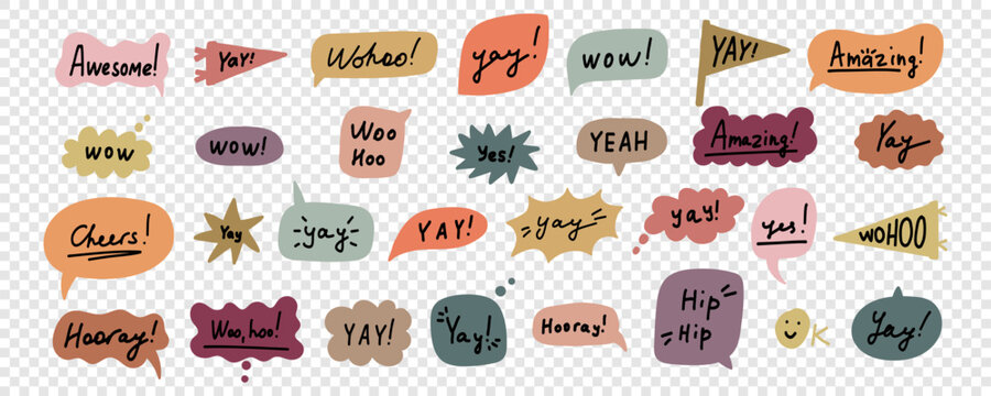 Organic Bubble Speech with Yay Png Set. Yay Typography Balloon Sticker Kit. Playful Hurray Speechbubble Chat Collection. Handdrawn Vector Illustration in Transparent Bg