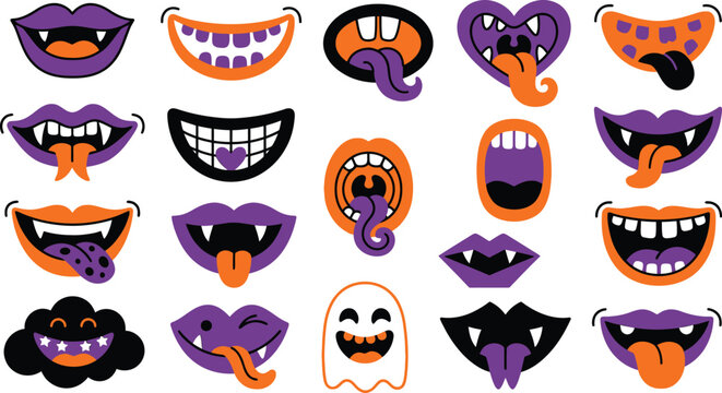 Set of funny cartoon halloween monster mouths and vampire lips with teeth and tongues