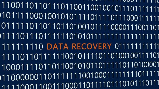 Data Recovery text or word with digital binary animation made in After Effects for digital world technology concept, representing lost file retrieval, system backup restoration, drive repair solutions