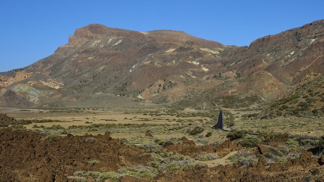 Extensive mountain landscape under clear blue sky, Teide, Parque Nacional del Teide, Teide National Park, volcano, volcanism, UNESCO World Heritage Site, Tenerife, Canary Islands, Spain