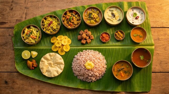 Festive Kerala sadya with ghee rice banana chips pickles lime papadum
