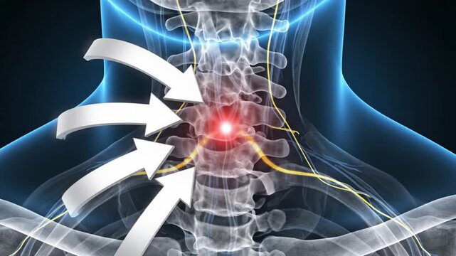 Anatomical 3D rendering of human skeleton with glowing red spot on cervical spine medical illustration