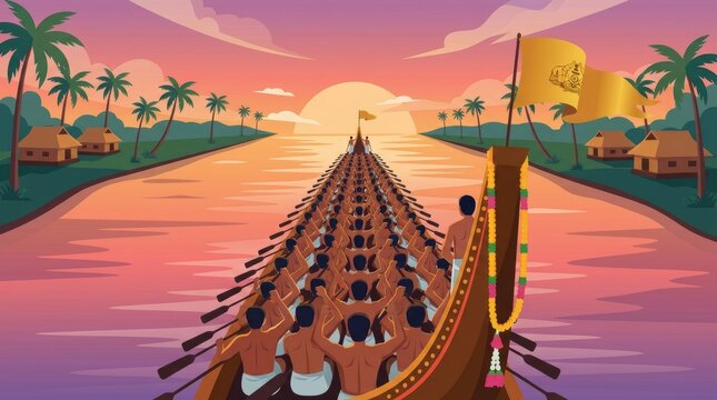 Front view of packed snake boat race toward rising sun on canal