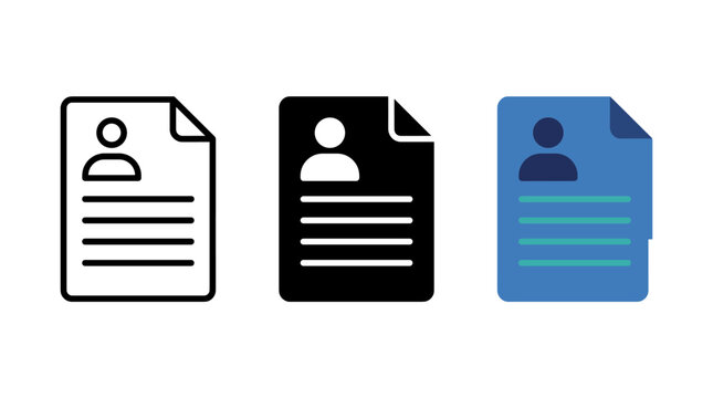 Professional resume or profile document layout icons with curriculum vit