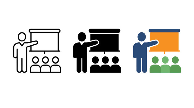Business presentation icon set showing presenter with projection screen