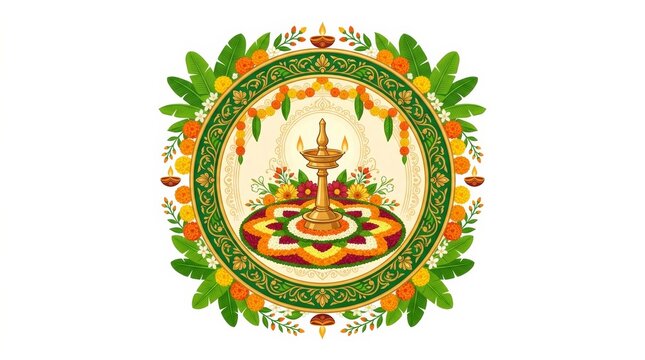 Onam floral circle with central brass lamp rangoli and banana leaves