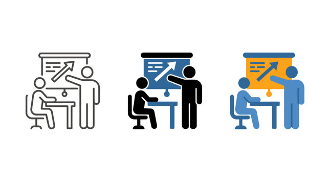 Business training session icon featuring a person presenting to a client