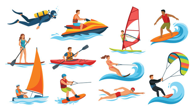 Water sports activity vector set with surfing kayaking scuba diving jet ski windsurfing paddleboarding and kitesurfing characters