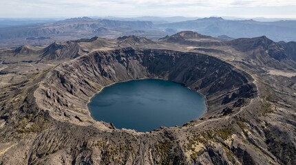 Aerial view of a vast volcanic crater lake surrounded by rugged, barren mountain ranges under a clear sky © Loback