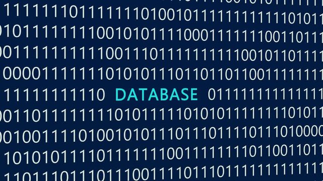 Database text or word with digital binary animation made in After Effects for digital world technology concept, representing structured data storage, information management systems, and cloud servers.