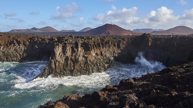 Los Hervideros, southwest coast, rugged volcanic coast, strong surf, sea caves, red lava hills, blue sky with white clouds, extremely clear air, Lanzarote, Canary Islands, Spain