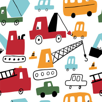 Cute little cars, truck. Cartoon cars adventures. Doodle hand drawn vector seamless pattern