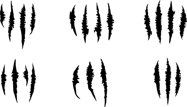 Aggressive animal claw marks set, black torn scratch marks vector, 6 jagged monster slash elements for sports logos and gaming