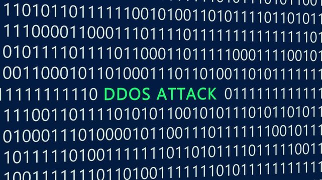 DDoS attack text or word with digital binary animation made in After Effects for digital world technology concept, representing distributed denial of service, malicious botnet traffic, and network flo