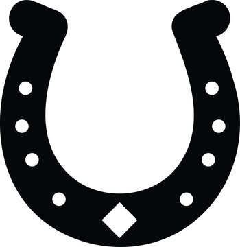 Black horseshoe icon with geometric nail holes and diamond design symbol for luck and horse gear.