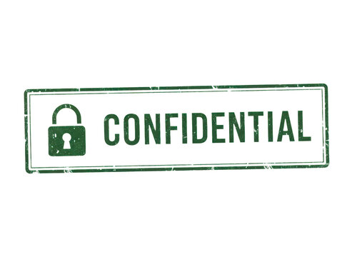 Green confidential rubber stamp impression with a lock icon for document security marking and secret files