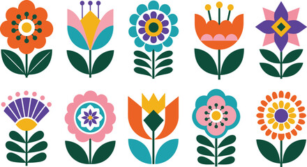 Obraz premium Modern flowers icons set in geometric flat style. Retro design with bright colorful floral elements. Scandinavian folk vector illustrations collection