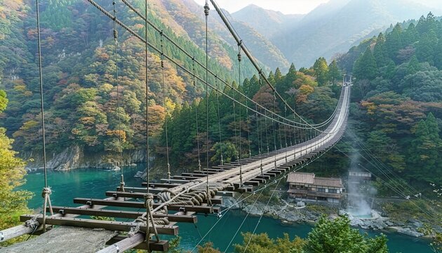 十津川温泉、谷瀬の吊り橋と山峡の秘湯　生成AI