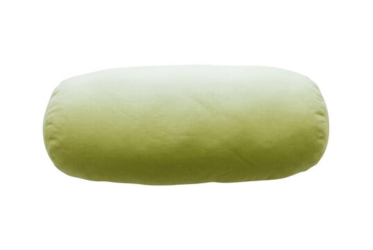 Almohada cil&iacute;ndrica de color verde oliva sobre fondo blanco