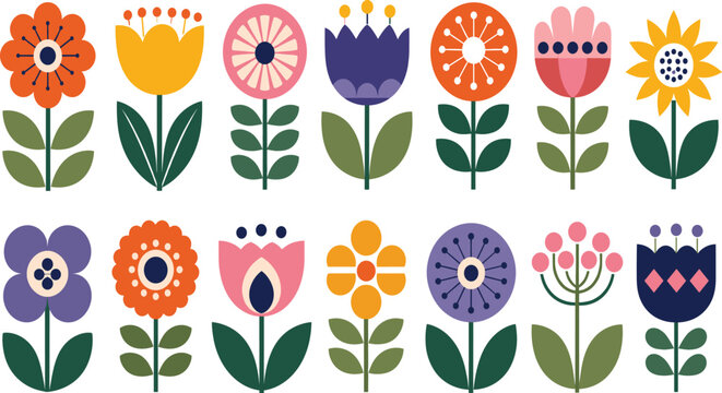 Modern flowers icons set in geometric flat style. Retro design with bright colorful floral elements. Scandinavian folk vector illustrations collection