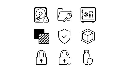 Fototapeta premium Security Icons: Hard Drive Lock, Folder Key, Safe, Shield, USB Drive, 3D Cube, Layers - Line Art