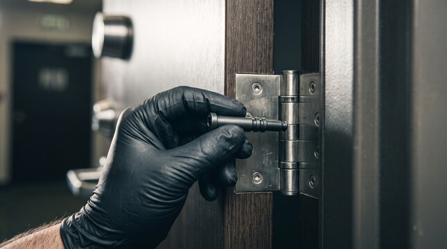 Gloved hand removing metal pin from heavy door hinge in hallway