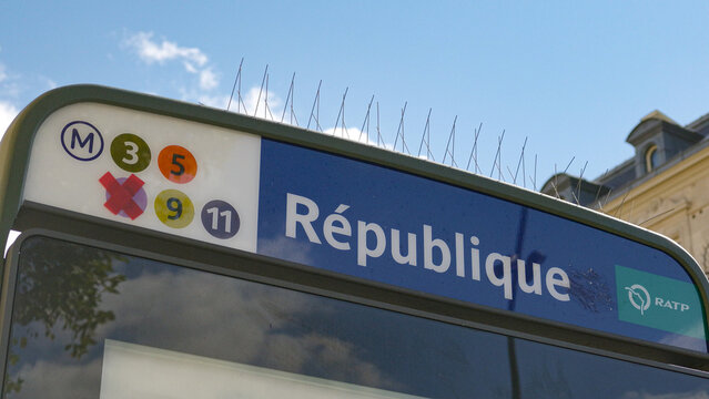 PARIS, FRANCE - SEPTEMBER 1, 2026 - Republique metro station sign in Paris, France, displaying RATP lines against a blue sky