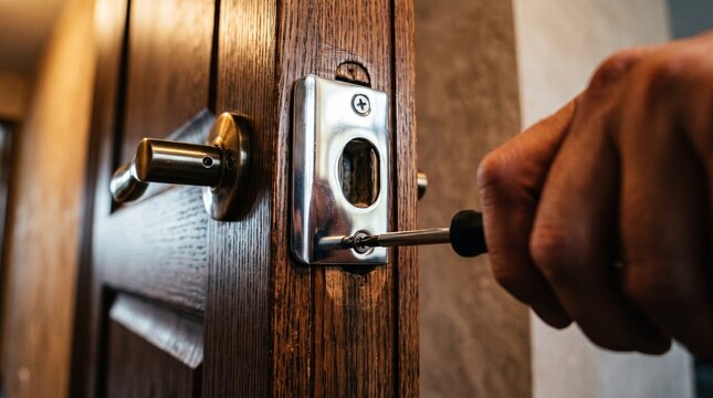 Carpenter installing a metal door strike plate with a screwdriver