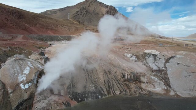 Aerial drone view of Dagajia Hot Spring erupting steam in Tibet plateau