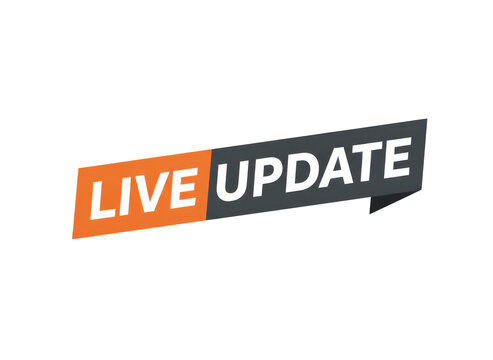Live update banner icon with orange and dark grey ribbon design for news broadcasting and web notification
