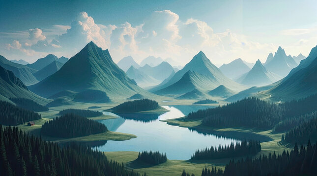 Fantasy epic magic mountain landscape. Mystical winter valley valley , Panoramic view of big mountains .