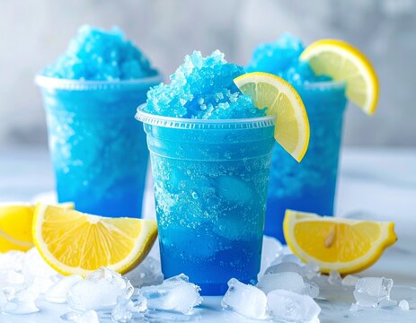 Chilled blue raspberry lemonade slush drinks with fresh lemon wedges on ice